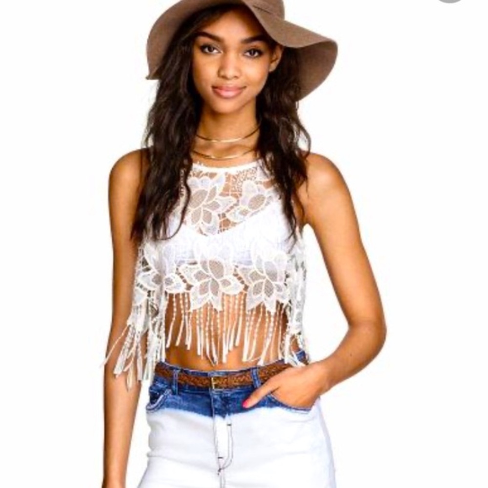 H&M x Coachella White Lace Fringe crop top Size 2